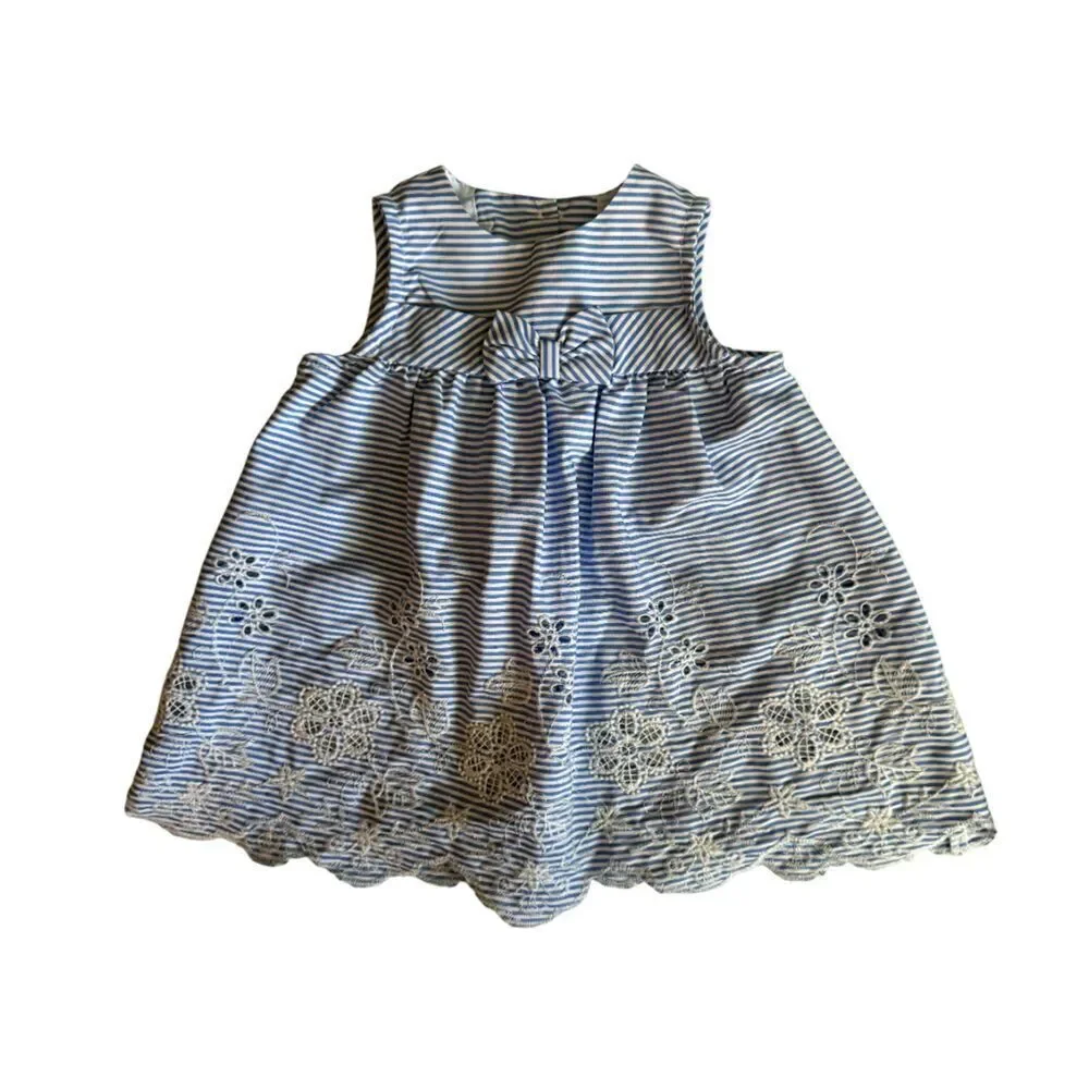 Bonnie Baby Blue White Striped Dress & Hat 3 Piece Outfit Size 6-9 Months